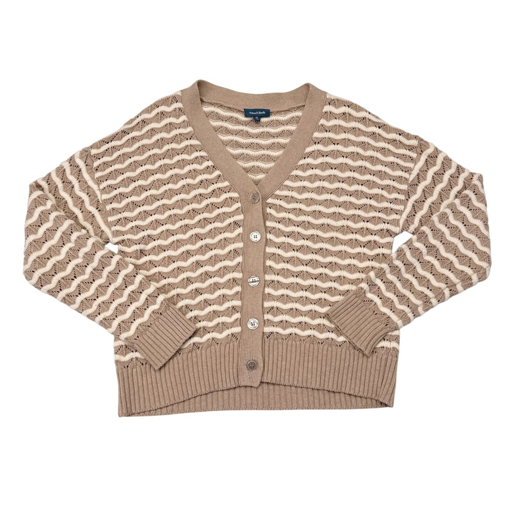 ModCloth Cardigan Sweater Medium Tan White Striped Open Knot Crochet Grandma